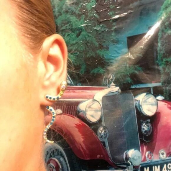 Blue Crystal Snake Vintage Gold Stud Drop Statement Earrings - Picture 8 of 13